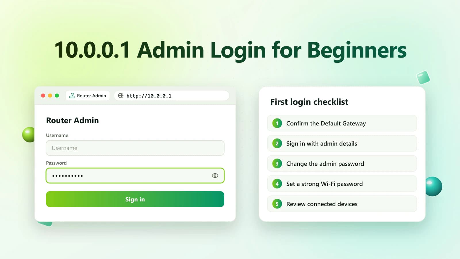 Beginner’s guide checklist beside the 10.0.0.1 router admin login page