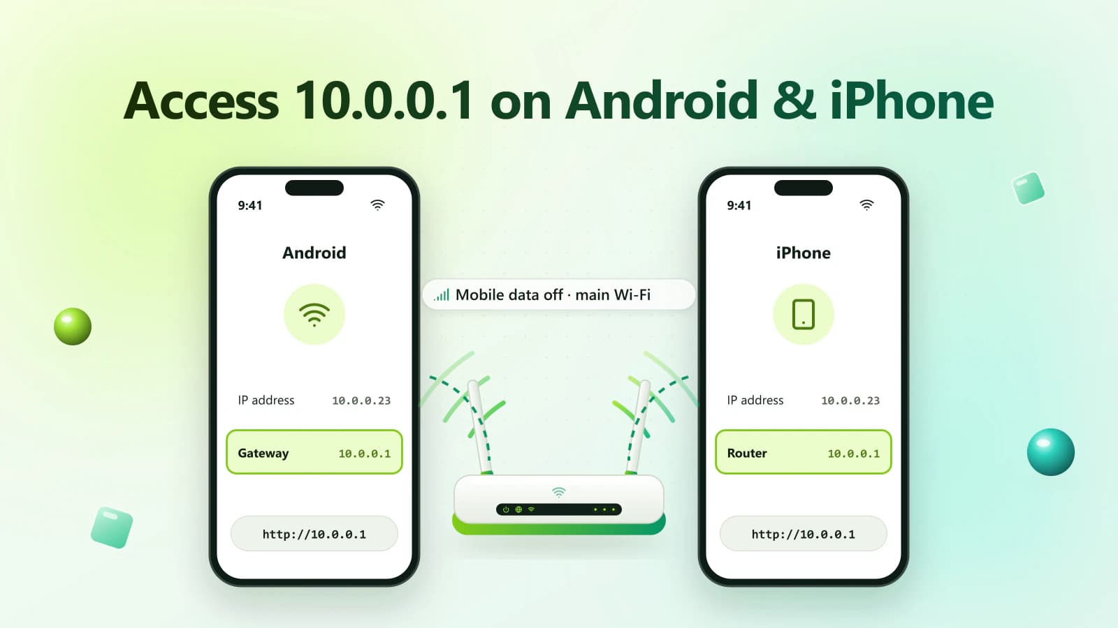 Gateway and Router address shown on an Android phone and iPhone, used to access 10.0.0.1 at the router login page