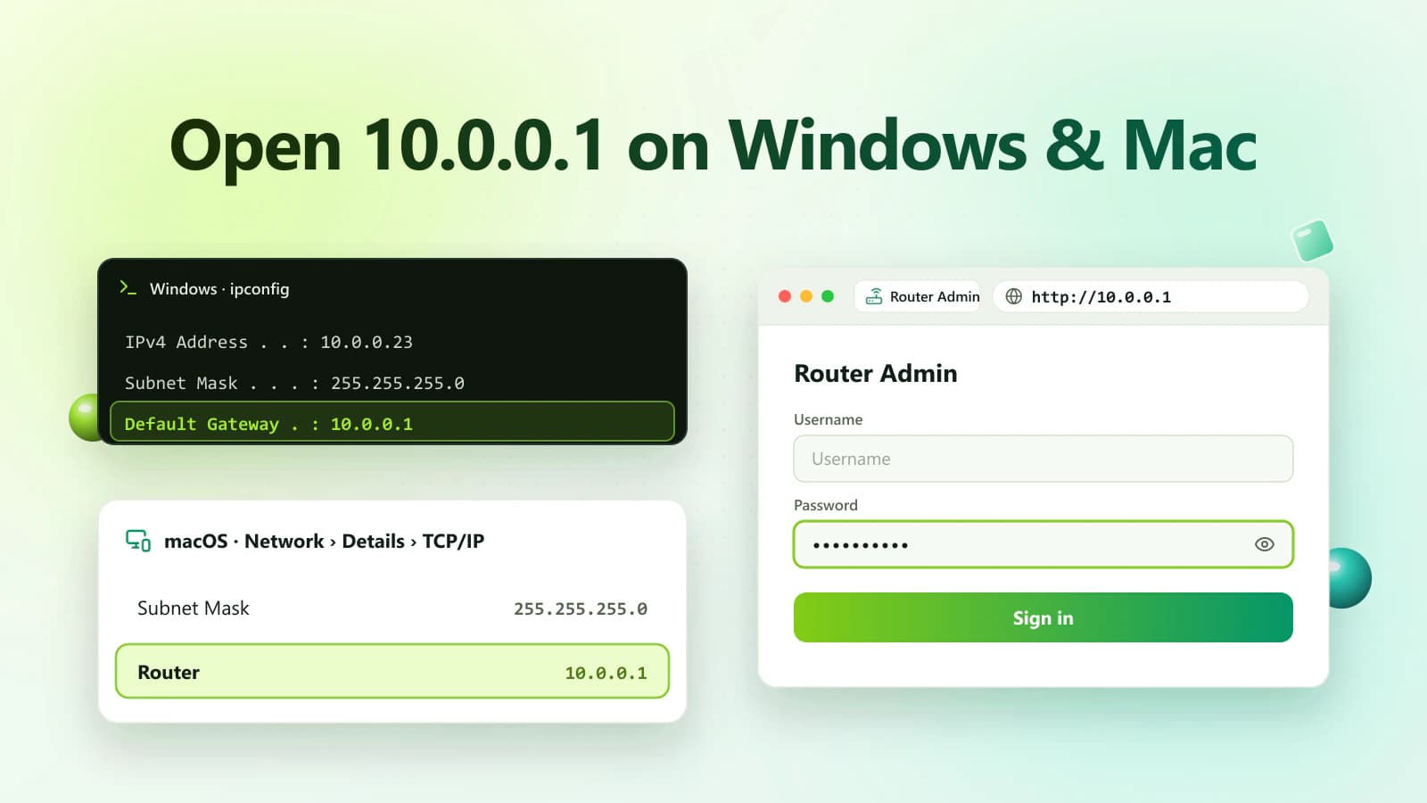 Windows ipconfig Default Gateway and macOS Router field used to open 10.0.0.1 on Windows and Mac, beside the router login page