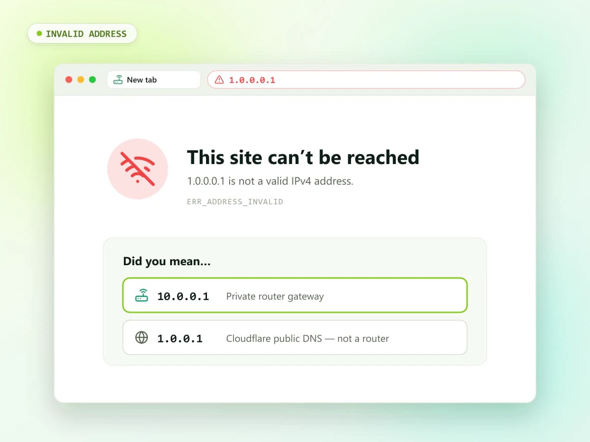 Browser showing a This site can't be reached error after entering 1.0.0.0.1