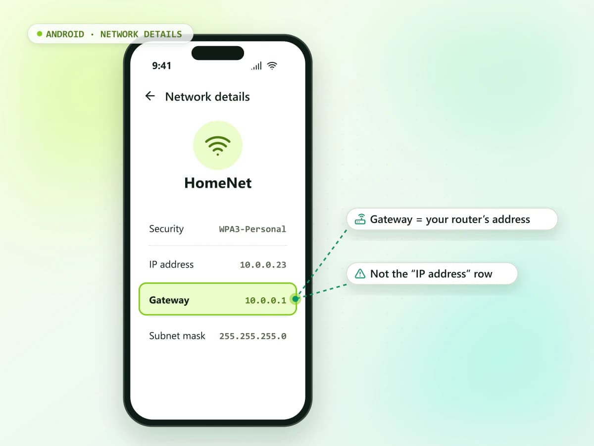 Android Wi-Fi network details screen showing the Gateway field