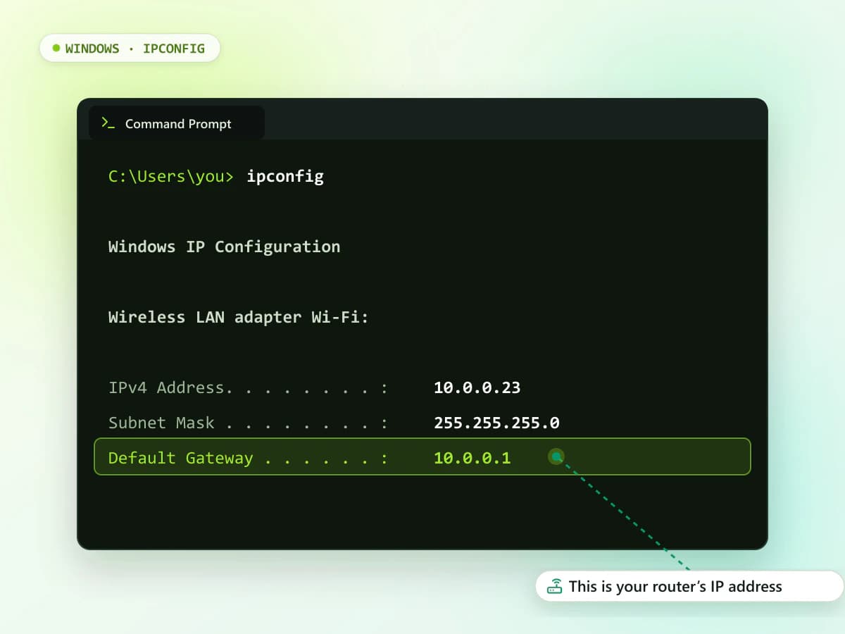 Windows Command Prompt showing ipconfig output with the Default Gateway line highlighted
