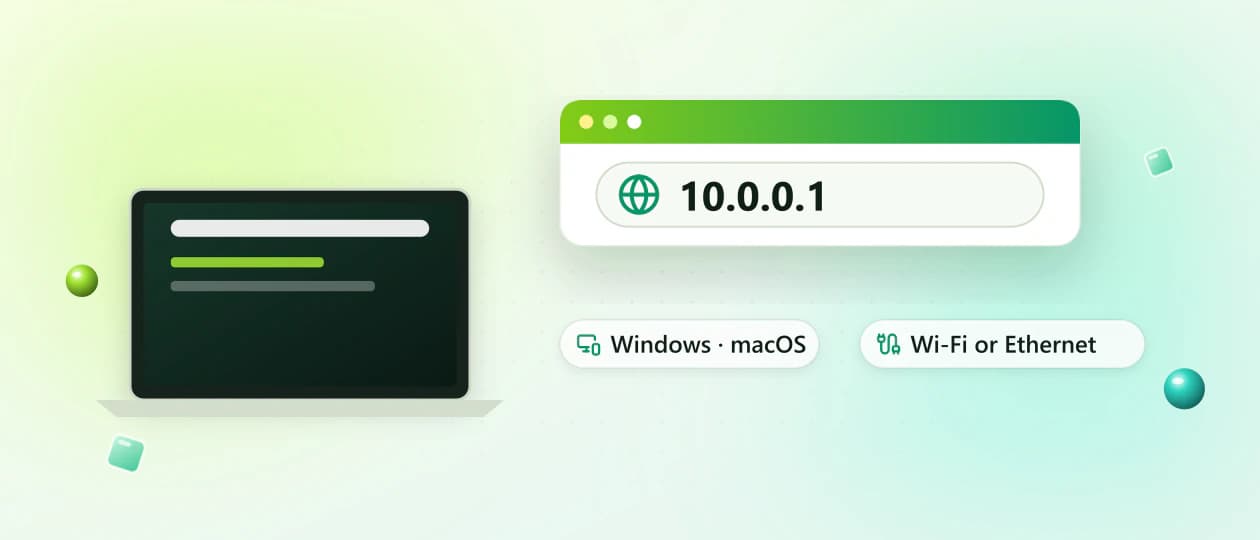 Desktop computer opening the 10.0.0.1 admin login page over Wi-Fi or Ethernet