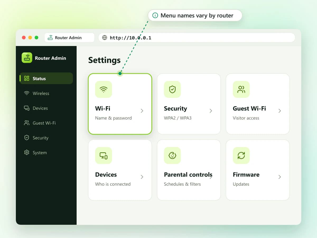 Router admin panel settings menu listing Wi-Fi, security, guest network and firmware options