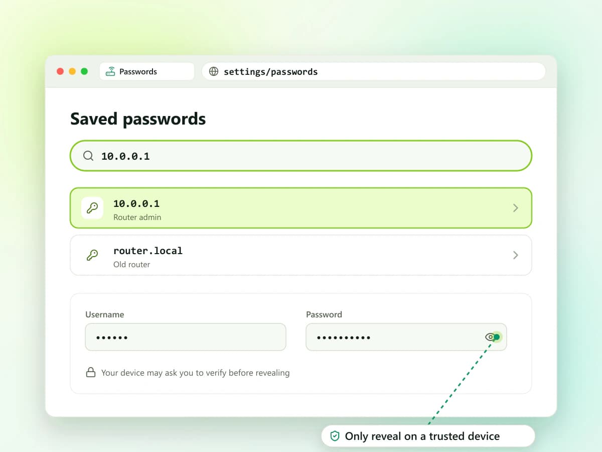 Browser password manager search results for a saved 10.0.0.1 router password