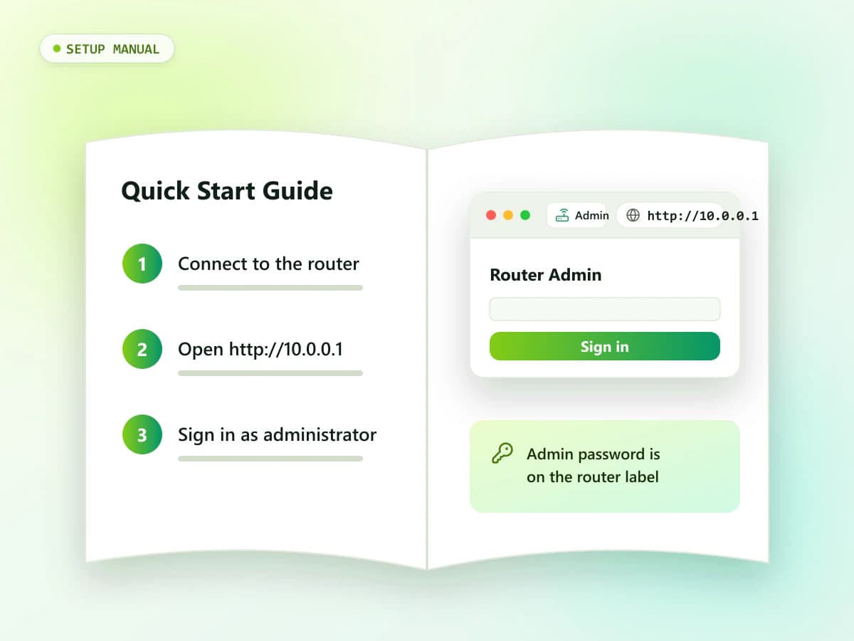 Router setup manual open at the page explaining admin panel access