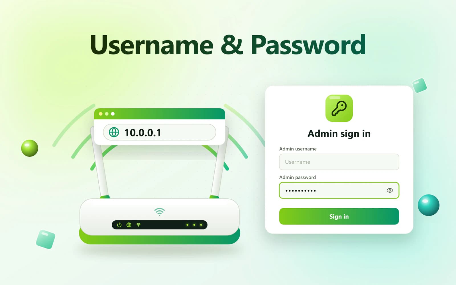 Router admin login form at 10.0.0.1 with the administrator username and password fields