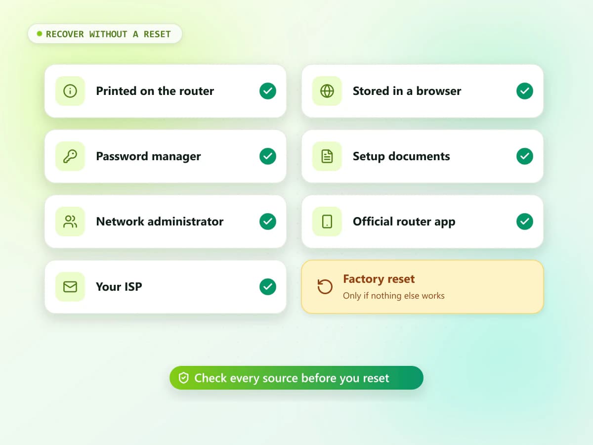 Recovery sources for a router admin password — label, browser, password manager and ISP — checked before a factory reset