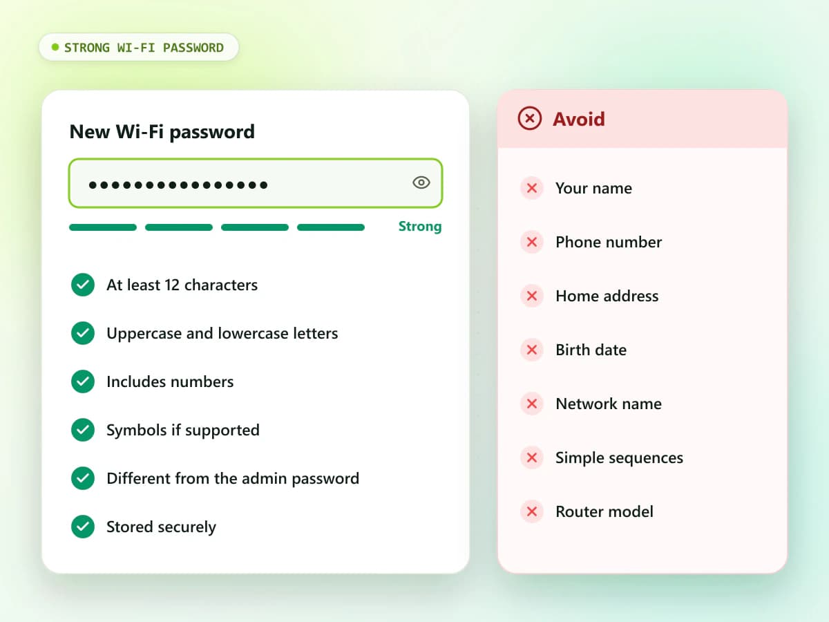 Strong Wi-Fi password checklist with a password strength meter: 12+ characters, mixed case, numbers and symbols