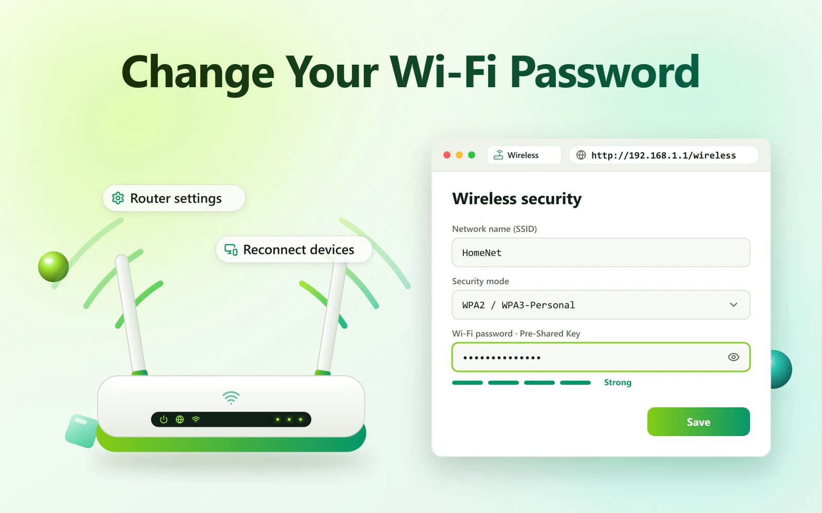Router wireless security settings page used to change your Wi-Fi password, with the new password being entered