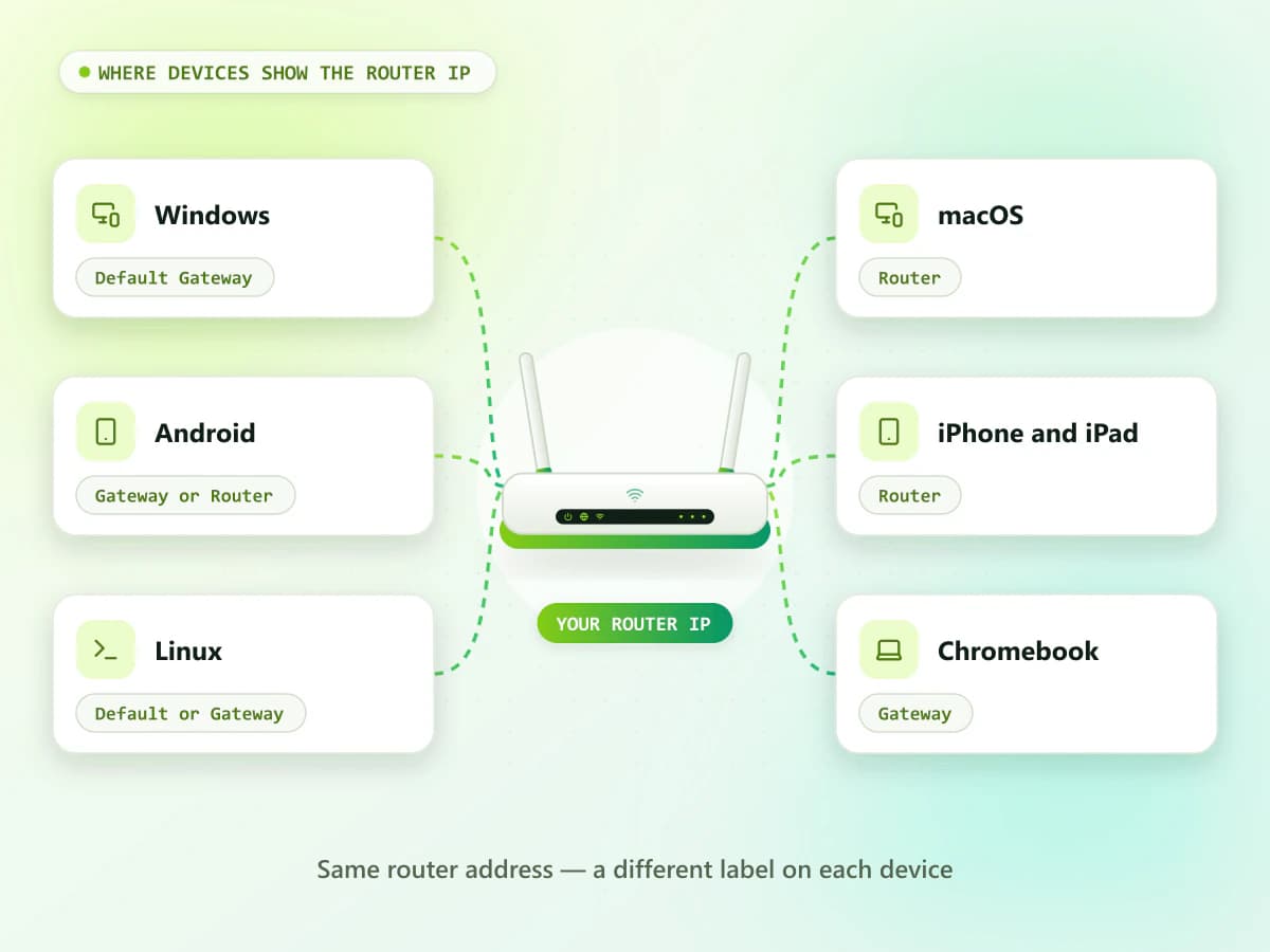 Router IP address labels on Windows, macOS, Android, iPhone, Linux and Chromebook: Default Gateway, Router and Gateway