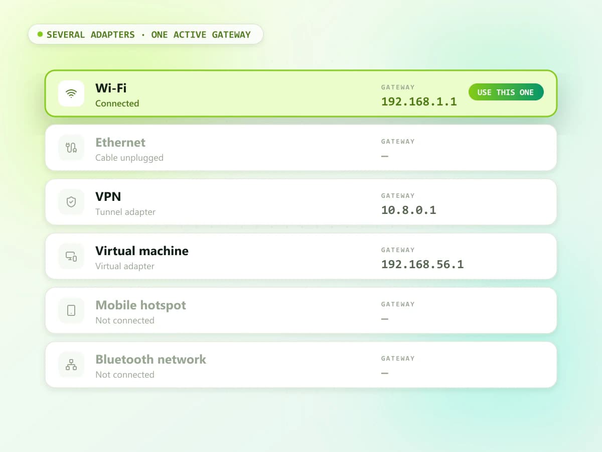 Several network adapters listed on a computer, with the gateway of the active Wi-Fi connection highlighted