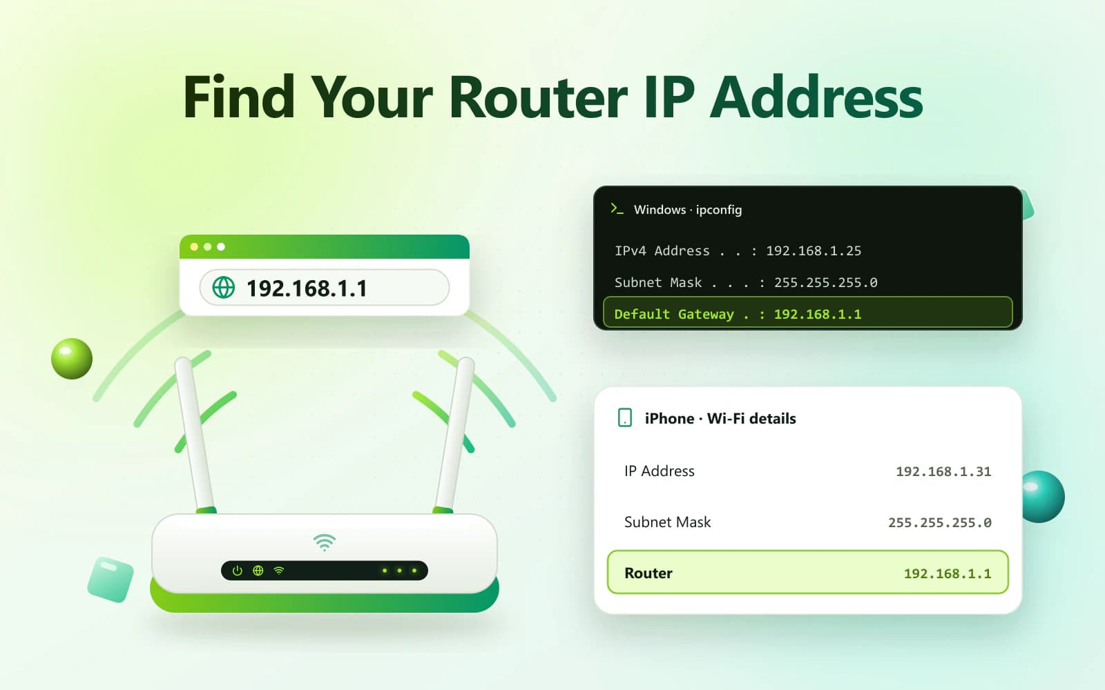 Default Gateway shown on a laptop and a phone to find your router IP address
