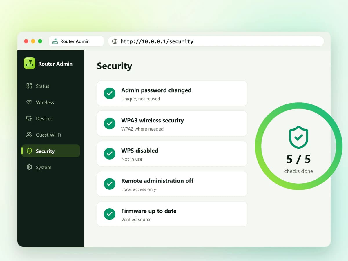Router security settings with a unique admin password, WPA3 wireless security and remote administration disabled