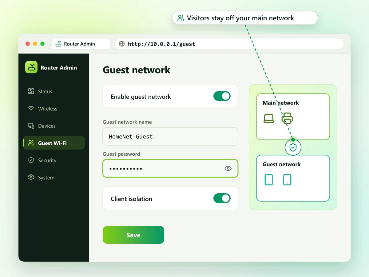 Router guest network setup screen with a separate network name and password