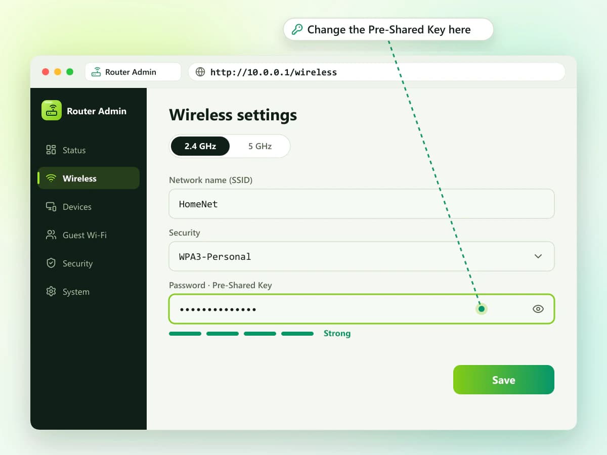 Router wireless settings screen showing the Wi-Fi password and pre-shared key field