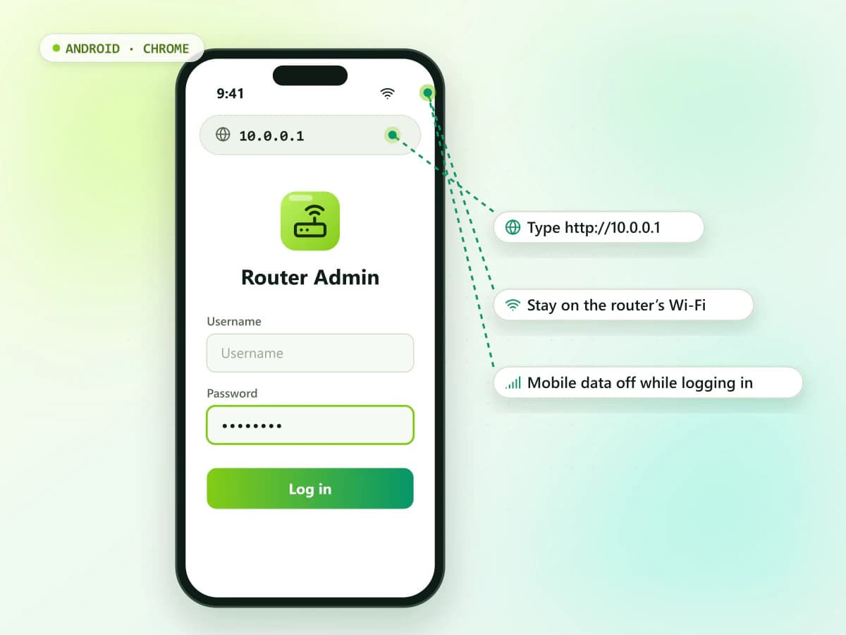10.0.0.1 login on Android Chrome Android phone with Chrome open at the 10.0.0.1 router login page