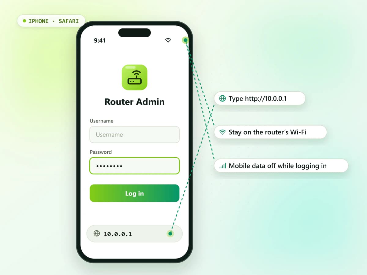 10.0.0.1 login on iPhone Safari iPhone with Safari open at the 10.0.0.1 router login page