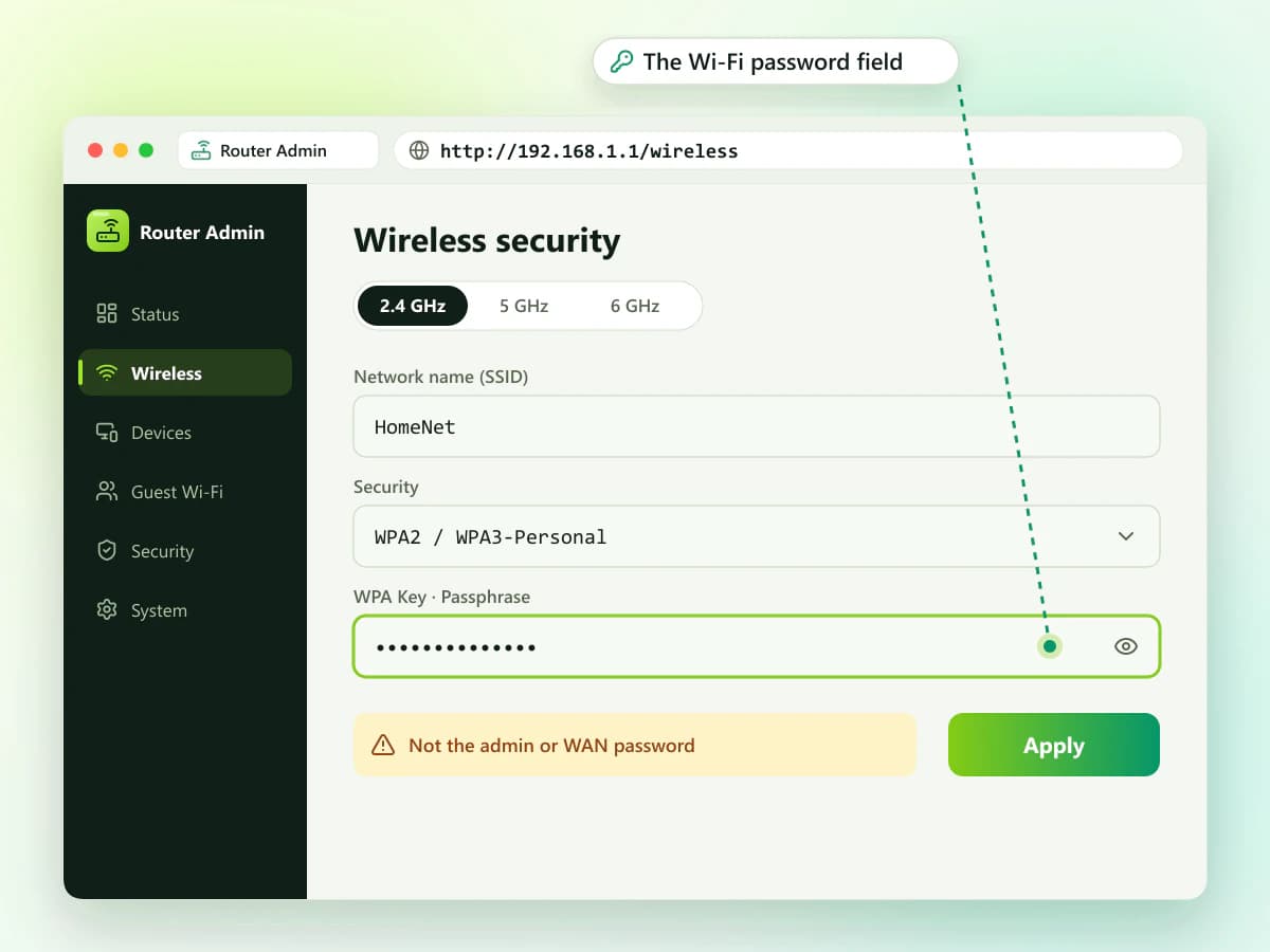 Where the Wi-Fi password setting is Router wireless security menu with the Wi-Fi password field, also called Pre-Shared Key or WPA Key, highlighted